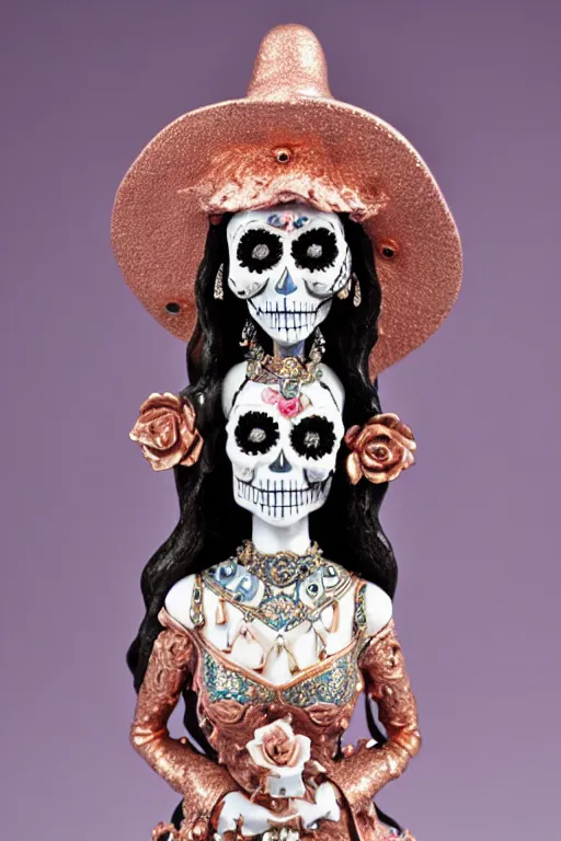 Image similar to an polished texturized sculpture of La Catrina in rose gold and white and blue chinese porcelain by kris kuksi