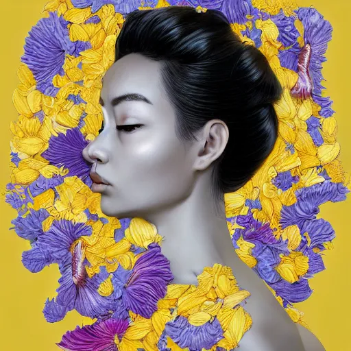 Image similar to the portrait of an absurdly beautiful, graceful, elegant, and sophisticated woman made of bananas and petals, an ultrafine detailed illustration by kim jung gi, irakli nadar, intricate linework, bright colors, final fantasy, behance contest winner, angular, unreal engine 5 highly rendered, global illumination, radiant light, detailed and intricate environment