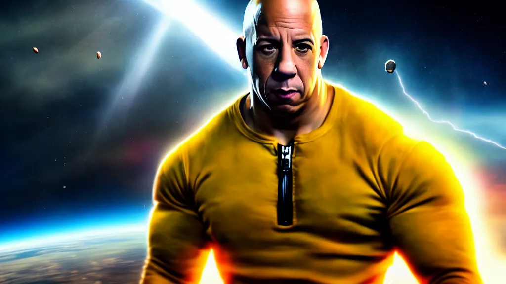 Image similar to extreme wide shot of vin diesel as saitama!!! throwing!!! a car!!!!!!!!!! into space, ultra realistic, lens flare, atmosphere, glow, detailed, intricate, full of colour, cinematic lighting, trending on artstation, 4 k, hyperrealistic, focused, extreme details, unreal engine 5, cinematic, masterpiece