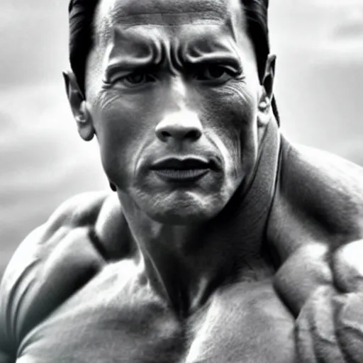 Image similar to ( dwayne rock johnson ) have a body of arnold arnold schwarzenegger. symmetric face, coherent face, coherent eyes, symmetric eyes