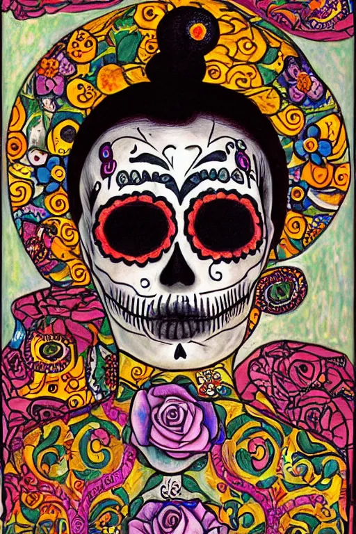 Prompt: illustration of a sugar skull day of the dead girl, art by gustav klimt