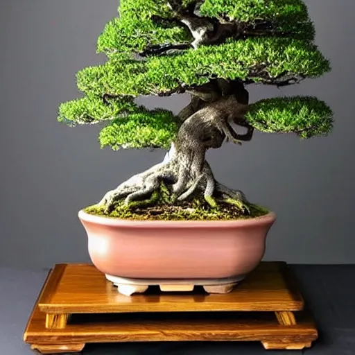 Prompt: Beautiful gorgeous intriguing fascinating amazing awe-inspiring wonderful mysterious interesting cool badass relaxing chill sweet peaceful comforting bonsai tree. Studio lighting.