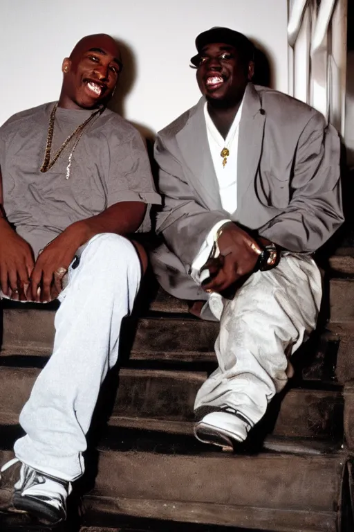 Prompt: Snapshot of smiling Tupac and Biggie on the staircase to Heaven