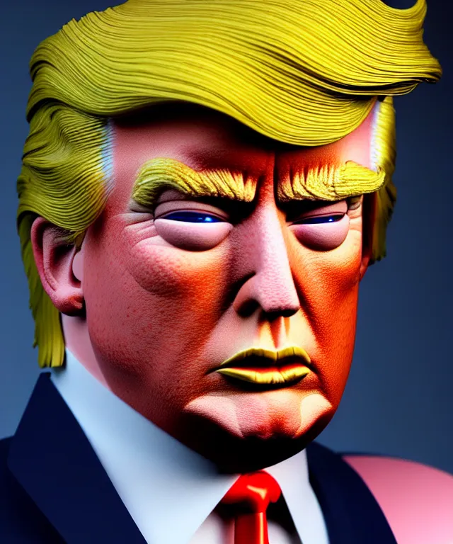 Image similar to hyperrealistic mixed media painting of Donald Trump as a doll, stunning 3d render inspired art by P. Craig Russell and Barry Windsor-Smith + perfect facial symmetry + dim volumetric lighting, serious expression, 8k octane beautifully detailed render, post-processing, extremely hyperdetailed, intricate, epic composition, cinematic lighting + masterpiece, trending on artstation, very very detailed, masterpiece, stunning