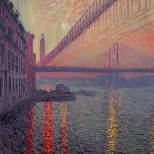 Image similar to Lisbon in 2087, cyberpunk dark academia, by Simon Stålenhag and Claude Monet, oil on canvas