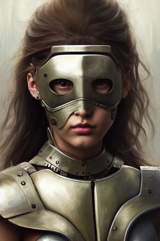 Image similar to a photorealistic painting of an attractive young girl, partially clothed in metal-plated battle armor, olive skin, long dark hair, beautiful bone structure, symmetrical face, perfect eyes, intricate, elegant, digital painting, concept art, illustration, sharp focus, minimal artifacts, from Metal Gear, in the style of Ruan Jia and Mandy Jurgens and Greg Rutkowski, trending on Artstation, award winning