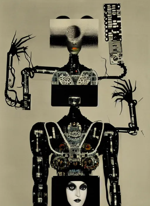 Image similar to Portrait of a punk goth fashion fractal mecha girl with a television head wearing kimono made of circuits and leds, surreal photography by Man Ray