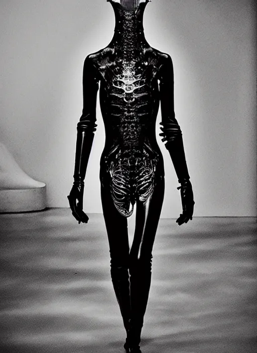 Image similar to walking down the catwalk, steven klein, mert alas and marcus piggott, show, stage, vogue photo, podium, fashion show photo, iris van herpen, beautiful woman, full body shot, helmet on face, masterpiece, inflateble shapes, plant predator, guyver, jellyfish, wires, veins, biomechanical details