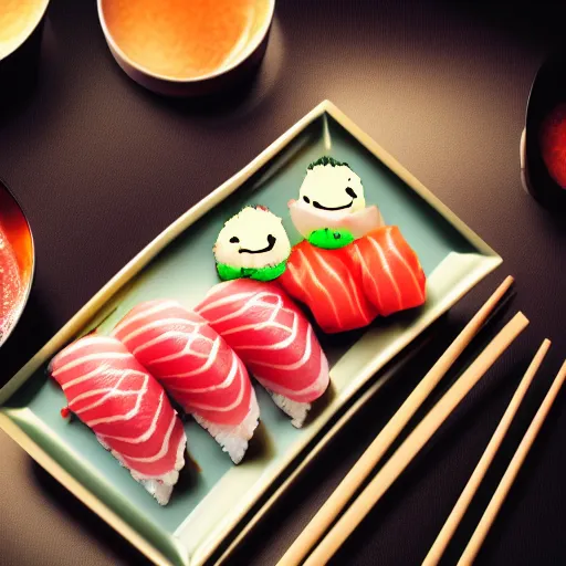 Prompt: a plate of sushi with a screaming human face, on a reflective gold plate, mortified at its existence, screaming, caricature, California roll, stylized cartoon, 4k, cinematic lighting, smooth, funny