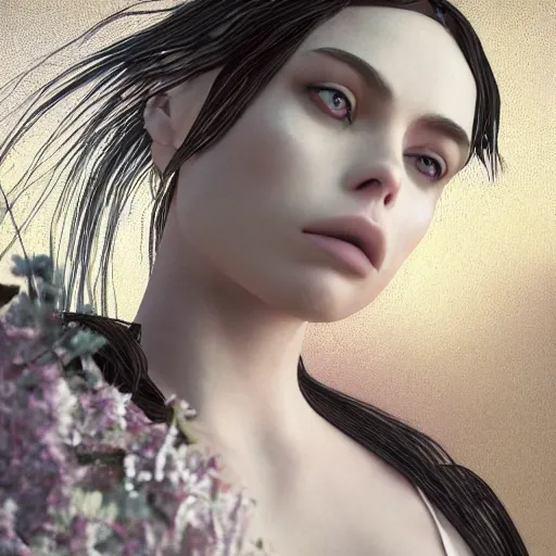 Image similar to the goddess of Spring, she resembles a mix of Grimes, Lana Del Rey, and Zoë Kravitz, in a style blend of Botticelli and Æon Flux, hyperphotorealistic, 4K, stunningly detailed, Arnold render,