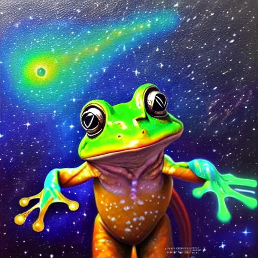 Image similar to the frog in the galactic nebular astral realm sacred journey in oil painting, trending on artstation, award winning, emotional, highly detailed surrealist art