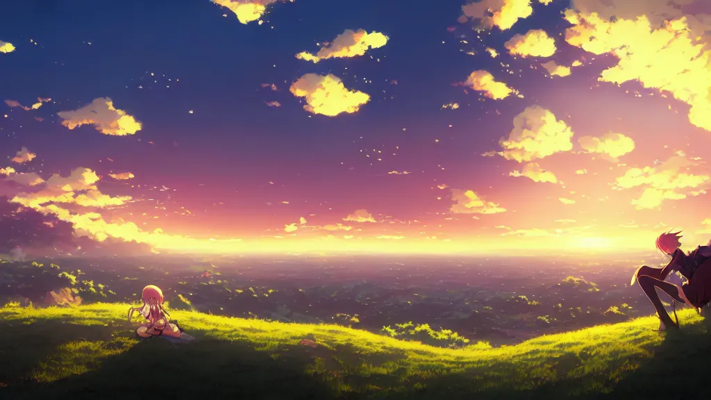 Image similar to a chocolate bar sat on the hillside and looked sky, dusk sky, beautiful sunset glow, large clouds, rich vivid colors, ambient lighting, dynamic lighting, official media, anime key visual, detailed, artwork by makoto shinkai, rossdraws.