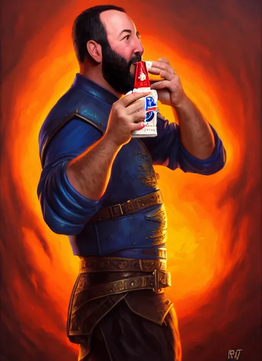 Image similar to a _ fantasy _ style _ portrait _ painting _ of burt kreischer drinking pepsi, rpg dnd oil _ painting _ unreal _ 5 _ daz. _ rpg _ portrait _ extremely _ detailed _ artgerm _ greg _ rutkowski _ greg