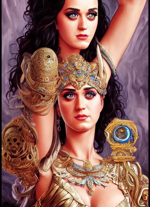 Image similar to Katy Perry as a Greek Goddess, beautiful detailed eyes, cute, fantasy, intricate, elegant, highly detailed, digital painting, 4k, HDR, concept art, detailed jewelry, smooth, sharp focus, illustration, art by Artgerm, H R Giger and Alphonse Mucha