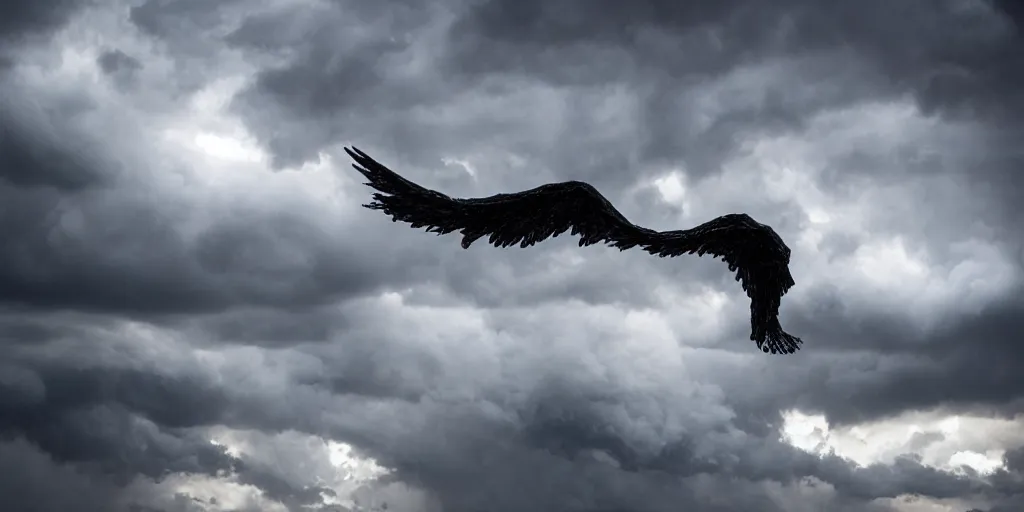 Prompt: fallen archangel striking from the heavens, dark cloudy sky with thunder, dramatic light