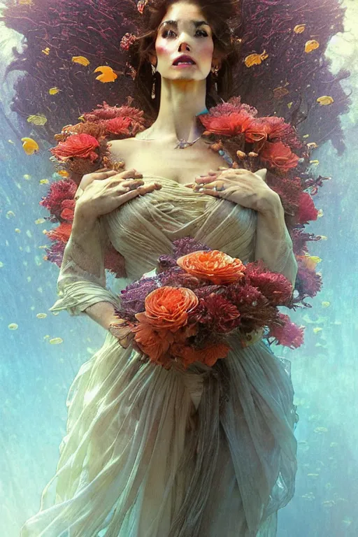 Prompt: portrait of a beautiful mysterious woman holding a bouquet of flowing flowers, hands hidden under the bouquet, underwater filled with coral reef, fantasy, regal, intricate, by stanley artgerm lau, greg rutkowski, thomas kindkade, alphonse mucha, loish, norman rockwell