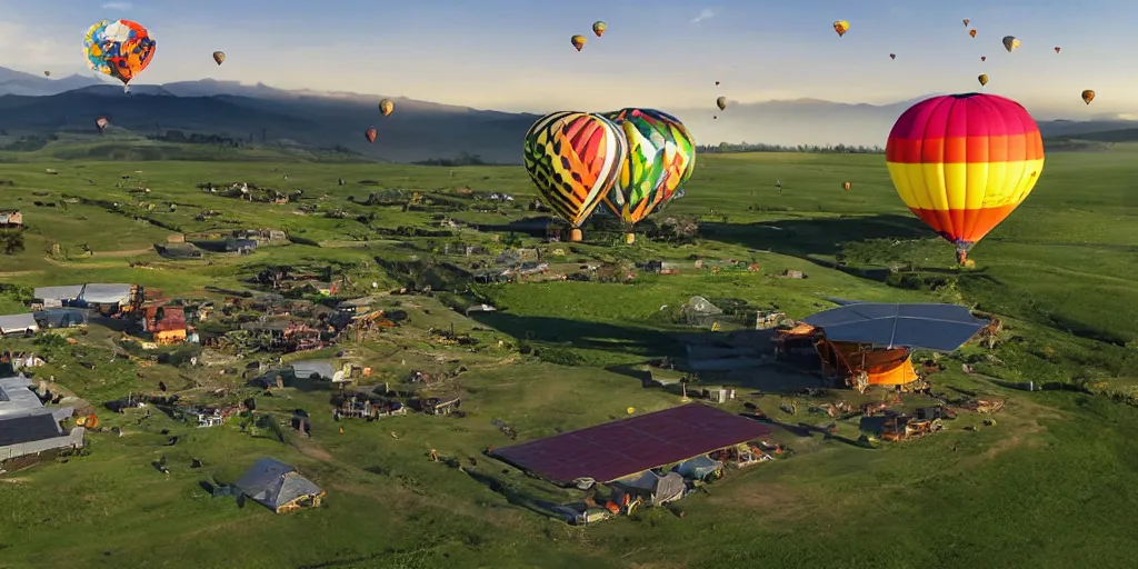 Prompt: ecovillage, hot air balloon, solarpanel, flying cow, solarpunk style