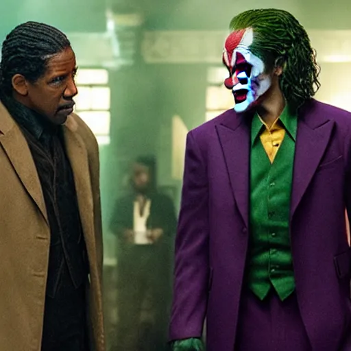 Prompt: film still of Denzel Washington, Denzel Washington, Denzel Washington as joker in the new Joker movie