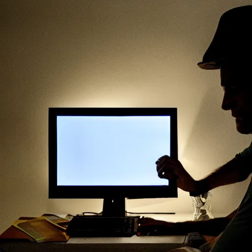 Image similar to golbin man hiding away on a computer in a dark hovel flash light lit dimly lit room