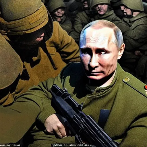 Image similar to Putin is sitting in the trenches and defending himself from Ukrainian troops, Retro futuristic painting style