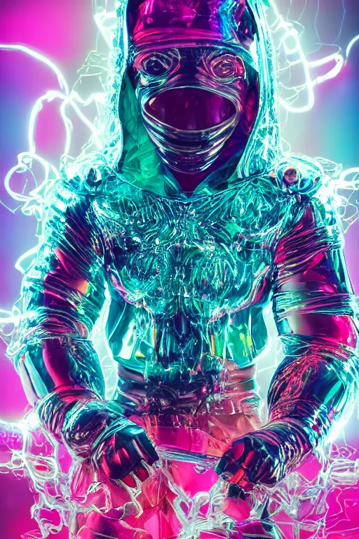 Prompt: hyper detailed ultra sharp fullbody photo of baroque and cyberpunk transparent neon ceramic sculpture of a muscular seductive muscular liam payne feeling muy cachondo, muy dotado, iridescent humanoid deity wearing teal plastic hooded cloak, holding a rainbow lizard gem, blue diamond, glowing pink face, crown of white diamonds, cinematic lighting, photorealistic, octane render 8 k