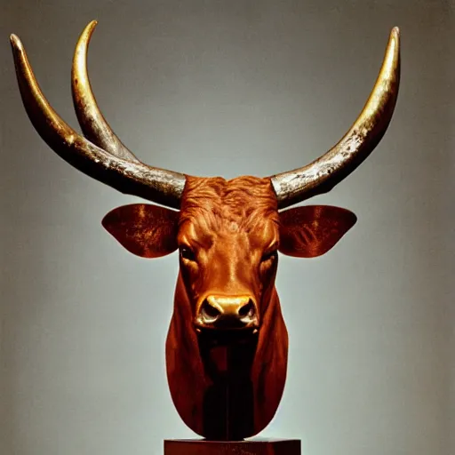 Prompt: professional color photograph of a patinated bronze portrait bust of a furious Texas longhorn steer supported by a bronze plinth, by Auguste Rodin, Jean-Leon Gerome