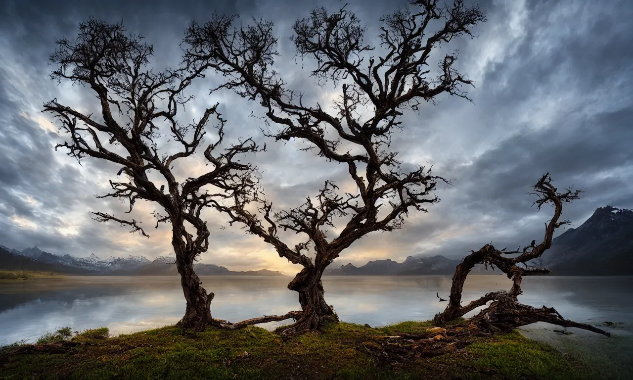 Image similar to landscape photography by marc adamus, dead tree in the foreground, mountains, lake