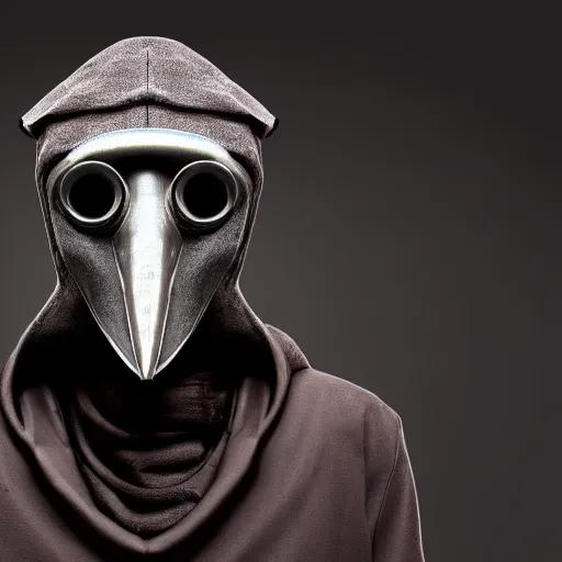 Prompt: high quality picture of a cybernetic plague doctor with a beaked mask, studio lighting, 4K, high detail