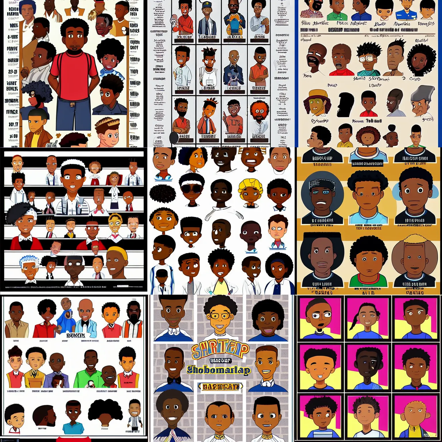 Prompt: a children’s illustration of an urban 👨🏿‍🦱👨🏿 barbershop haircut chart, in the style of the Boondocks by Aaron Mcgruder