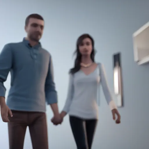 Image similar to highly detailed full body unreal engine 5 render of a woman and a man holding hands