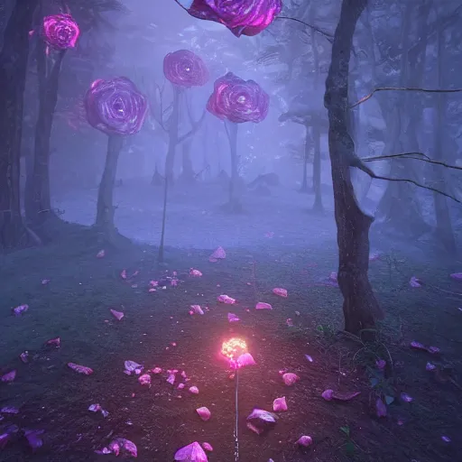 Image similar to one glowing crystalized in the dark rose forest with a rose path that has glowing ovules and lava crystallized ginger by blizzard style artstation trending, magical light fog, night time, low light, volumetric lighting, ue 4, zbrush, marmoset toolbag