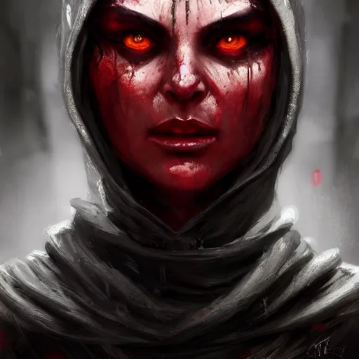 Prompt: masterpiece portrait of a clothed hooded surly and resentful female tiefling thief with red skin black sclera and horns under the hood, by Greg Rutkowski, as seen on ArtStation, 4k, dungeons and dragons, very aesthetic, very detailed, intricate, unreal, fantasy, dramatic, painterly, artstation, sharp focus, smooth