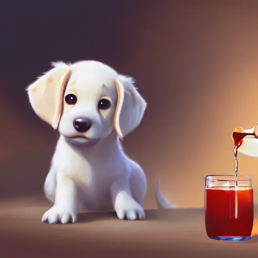 Image similar to cute puppy drinking juice, masterpiece, 8k, fantasy, cinematic lighting, highly detailed, digital painting, artstation, smooth, sharp focus, illustration, by Pixar