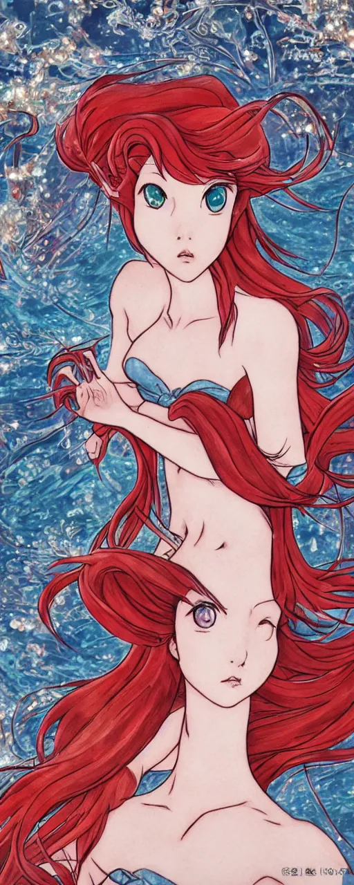 Image similar to portrait of ariel from the little mermaid in yoshitaka amano style