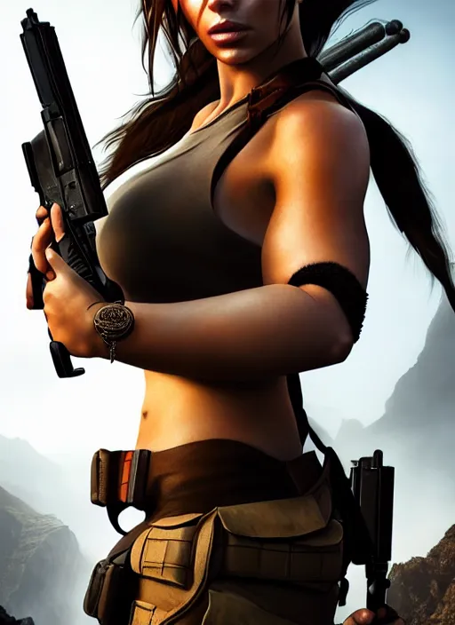 Image similar to a gorgeous lara croft photo, professionally retouched, soft lighting, realistic, smooth face, full body shot, torso, dress, perfect eyes, wide angle, sharp focus on eyes, 8 k high definition, insanely detailed, intricate, elegant, art by artgerm and jason chan and mark litvokin