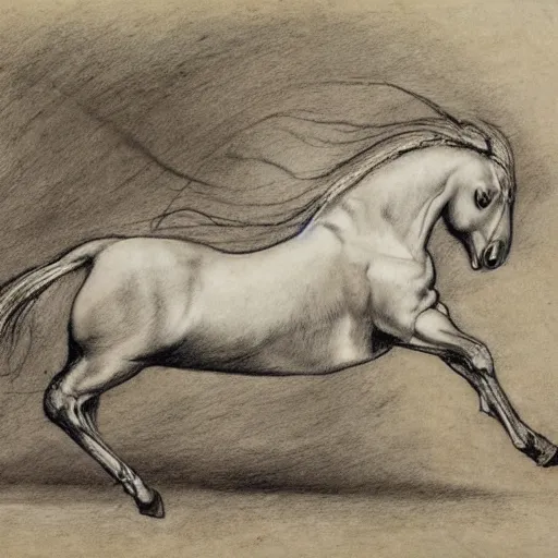 Prompt: a galloping wild horse, gestural-pencil-study by george-stubbs da-vinci albrecht-durer