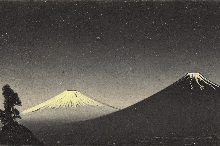 Prompt: a gigantic comet passing over mount fuji, painted by albert bierstadt, dark and moody