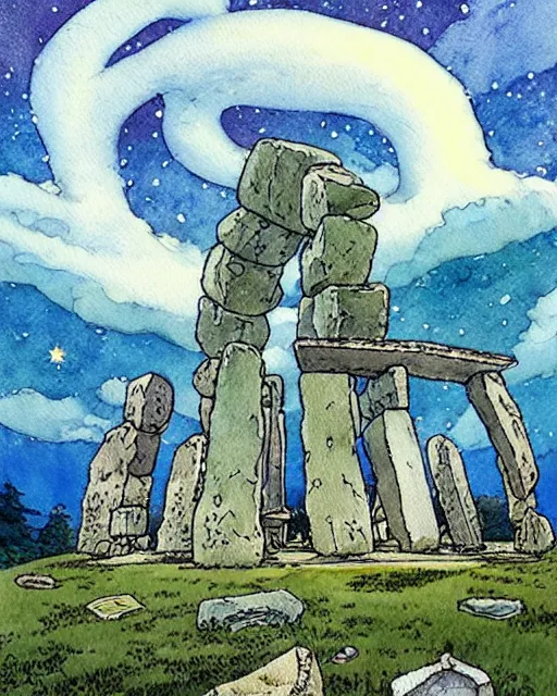 Image similar to a hyperrealist studio ghibli watercolor fantasy concept art. in the foreground is a giant grey octopus building and putting stones in to place on top of stonehenge with a starry sky. by rebecca guay, michael kaluta, charles vess