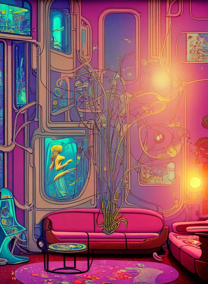 Image similar to telephoto 7 0 mm f / 2. 8 iso 2 0 0 photograph depicting the feeling of chrysalism in a cosy safe cluttered french sci - fi ( art nouveau ) cyberpunk apartment in a pastel dreamstate art cinema style. ( living room ) ( ( fish tank ) ), ambient light.