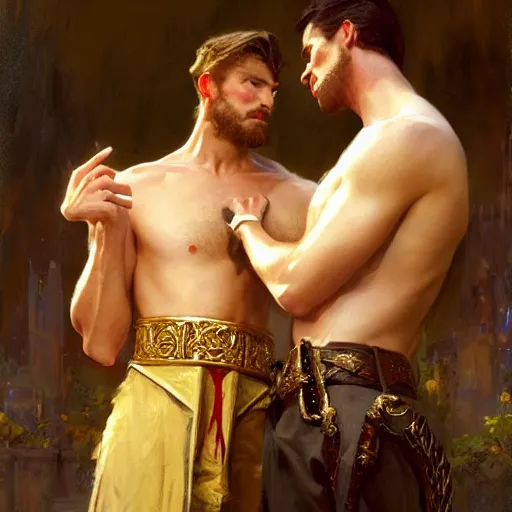 Prompt: attractive fully clothed king confesses his love for his attractive fully clothed male prince. highly detailed painting by craig mullins, gaston bussiere, mark brooks, j. c. leyendecker