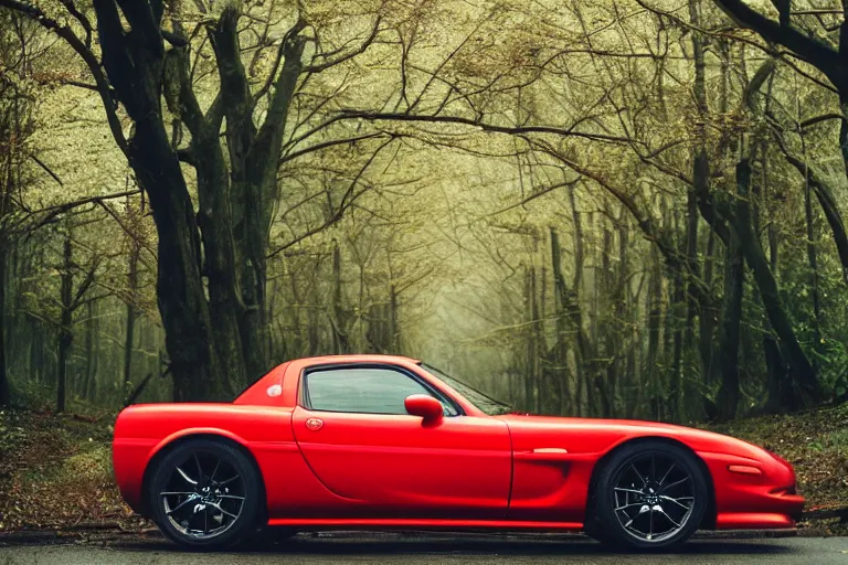 Image similar to A Mazda RX-7 parked in a road with trees, rainy spring season, Epic photography, taken with a Canon DSLR camera, 50 mm, insane depth of field