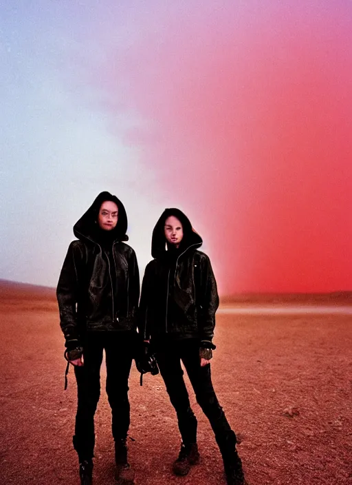 Image similar to cinestill 5 0 d photographic portrait of two loving female androids wearing rugged black techwear on a desolate plain with a red sky, extreme closeup, lizard on ground, cyberpunk style, in front of a brutalist dark metal facility, dust storm, 8 k, hd, high resolution, 3 5 mm, f / 3 2, ultra realistic faces