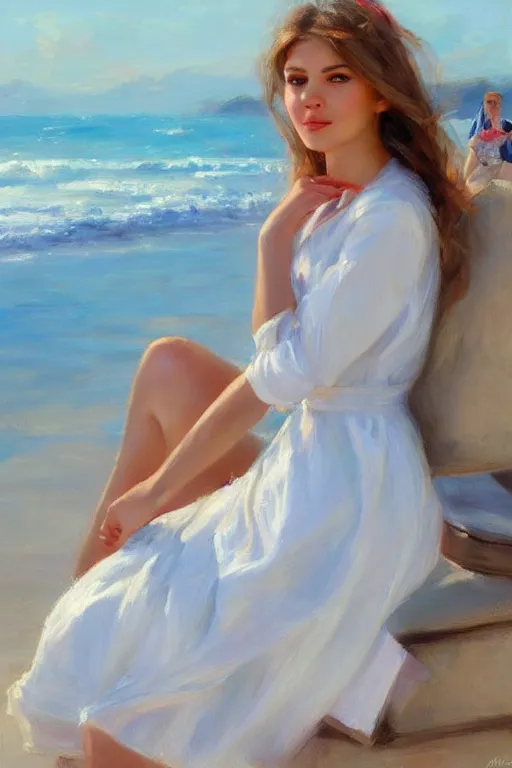 Prompt: portrait of a beautiful woman by the beach, morning, highly detailed, ultrarealistic oil painting, vladimir volegov, artstation