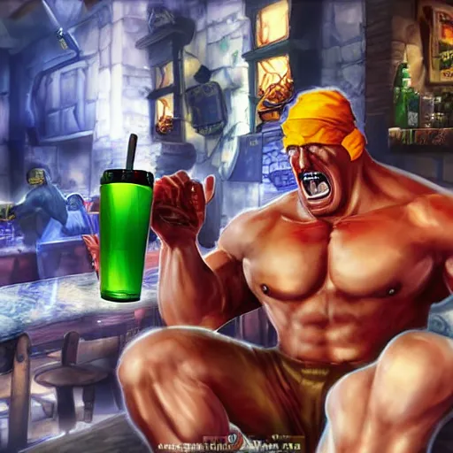 Prompt: hulk hogan having a drink in a tavern, vanillaware artwork