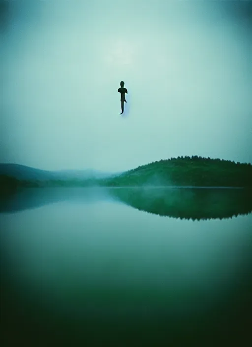 Image similar to “pepe the frog vertically hovering above misty lake waters in jesus christ pose, low angle, long cinematic shot by Andrei Tarkovsky, paranormal, eerie, mystical”