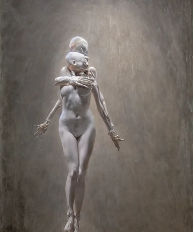 Image similar to Beautiful full-body wax sculpture of glowing transparent woman with visible bones covered with melted white candle wax inside the singularity where stars becoming baroque folds of dark matter by Michelangelo da Caravaggio, Nicola Samori, William Blake, Alex Grey and Beksinski, dramatic volumetric lighting, highly detailed oil painting, 8k, masterpiece