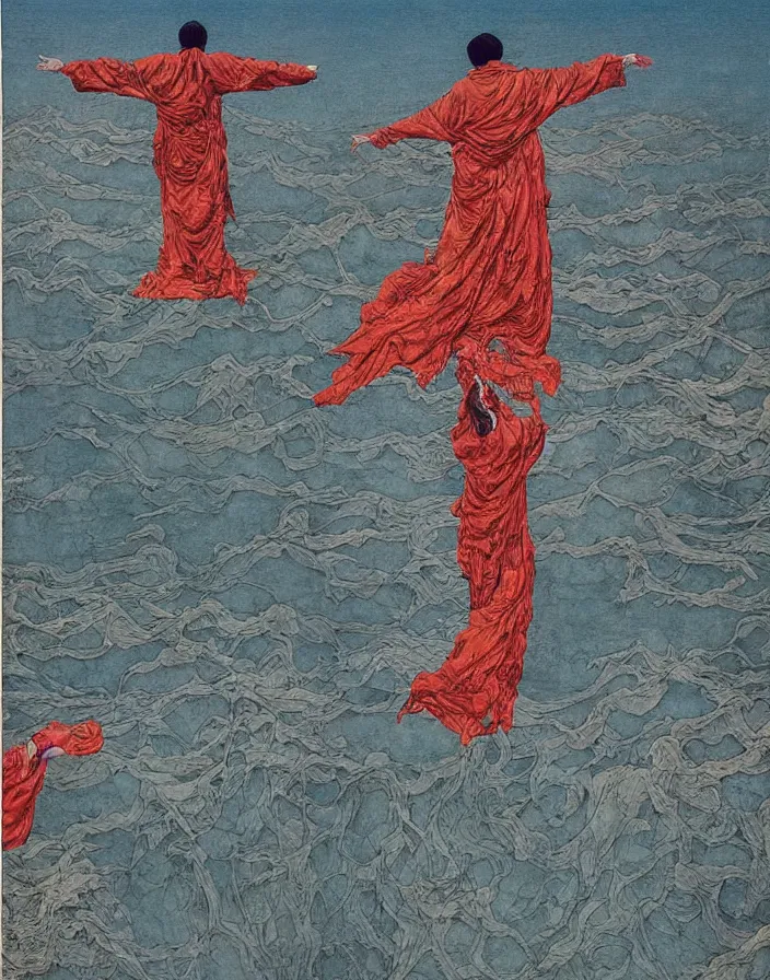 Image similar to worshippers in robes standing in waves, high detailed beksinski painting, part by adrian ghenie and gerhard richter. art by takato yamamoto. masterpiece, deep colours, blue