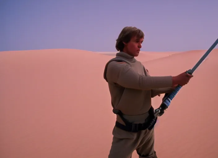 Image similar to detailed protrait photo of Luke skywalker vacuuming sand dunes. a pink dune, screenshot from the 1985 film, Photographed with Leica Summilux-M 24 mm lens, ISO 100, f/8, Portra 400