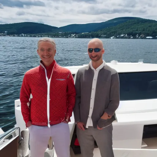 Prompt: two handsome men in their expensive yatch one fine summer day in Oslo