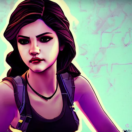 Image similar to selena gomez portrait, borderlands, tales from the borderlands, the wolf among us, comic, cinematic lighting, studio quality, 8 k